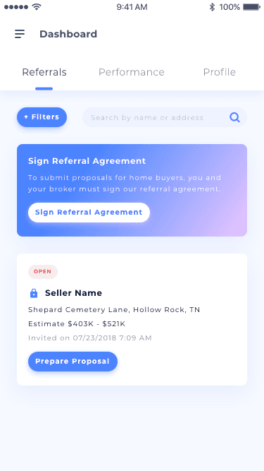 Native app: the referral list with a prompt to sign the referral agreement, above a locked seller record showing only the area and an estimate range.