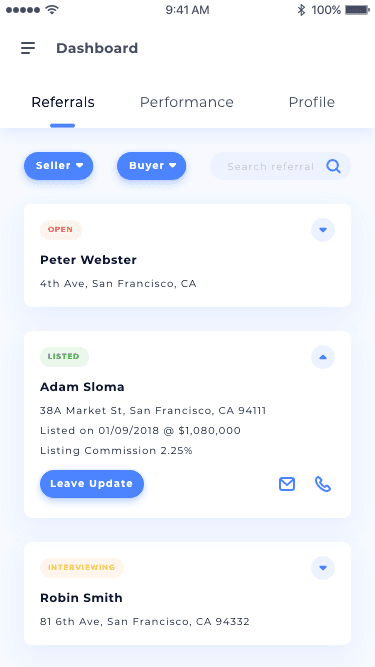 Native app, Referrals tab: seller and buyer filters, a search field, and deal cards carrying status, client, address and next action.