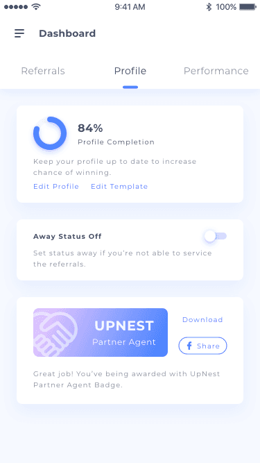 Native app, Profile tab: profile completion, an away-status toggle, and the partner agent badge.