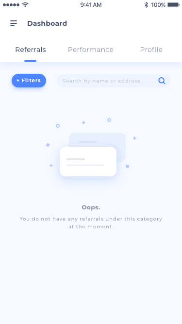 Native app: the empty state shown when a status filter returns no referrals.