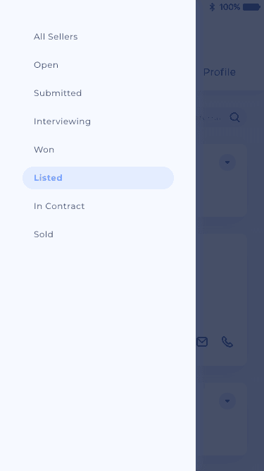 Native app: the status filter drawer open over the referral list — all sellers, open, submitted, interviewing, won, listed, in contract, sold.