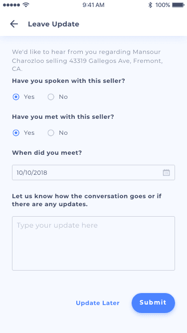 Native app: the Leave Update form for a seller conversation — whether the seller was spoken with and met, the date, and a free-text update.