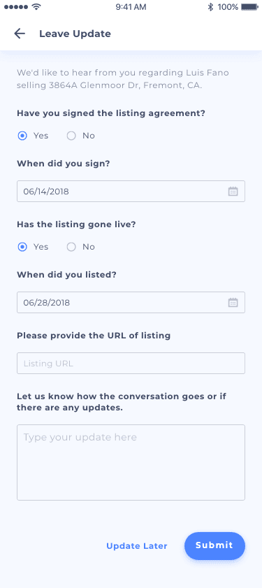 Native app: the Leave Update form for a listing — whether the agreement was signed and the listing is live, the dates, and the listing URL.