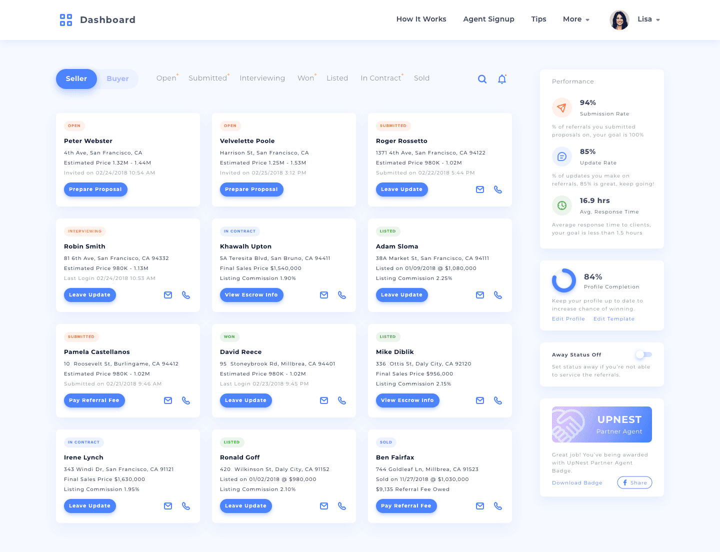 The rebuilt command center on web: a seller and buyer toggle above status filters, a grid of deal cards each carrying its status, client, address, price and next required action, and a performance rail showing submission rate, update rate and average response time.